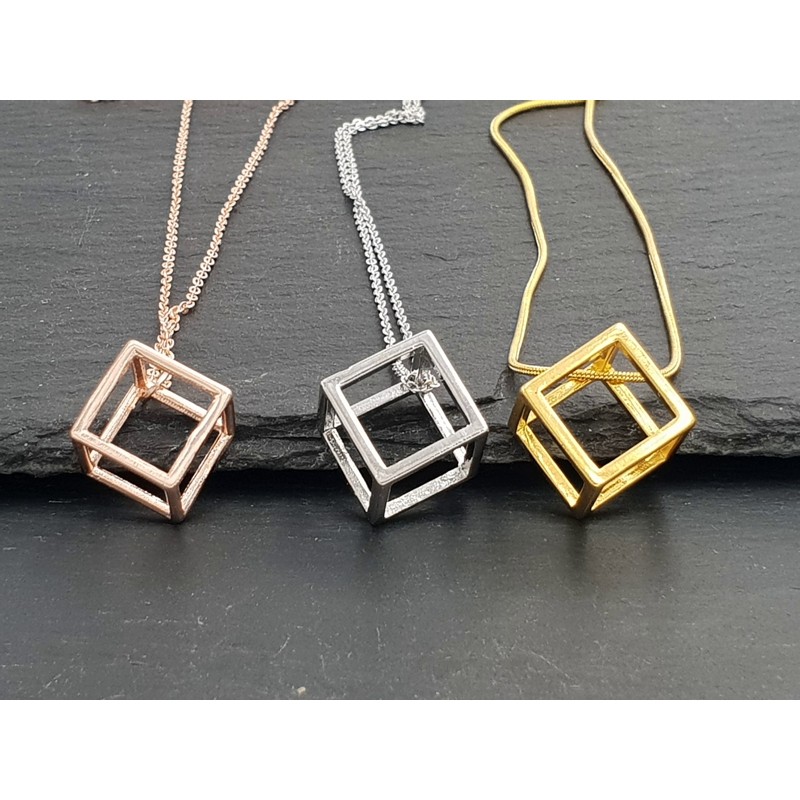 Halskette 3D Quadrat  - Würfel - 3 Farben Cubus Viereck