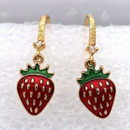 Erdbeer-Ohrringe Strass-Anhänger Ohrschmuck Obst-Design Ohrstecker Rote Früchte 