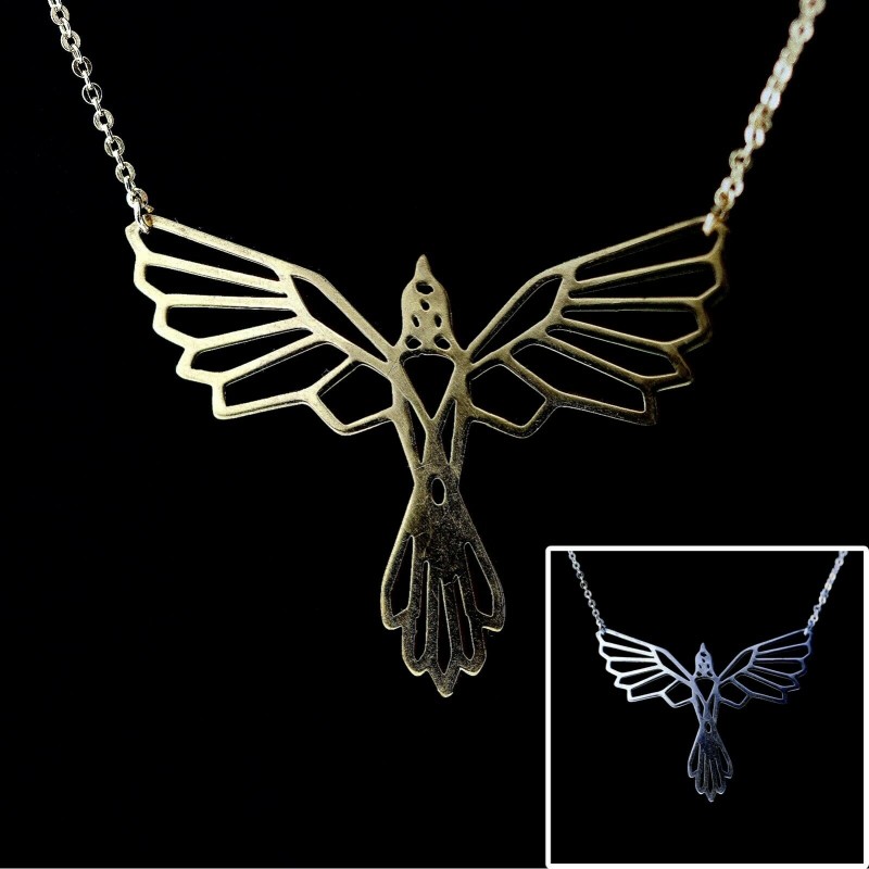 Geometrischer Vogel Anhänger Halskette GF goldfilled + Edelstahl 45cm Greif