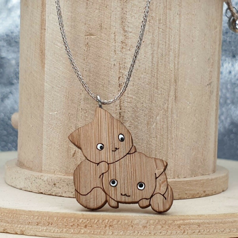 2 Süße Katzen Halskette mit Holz